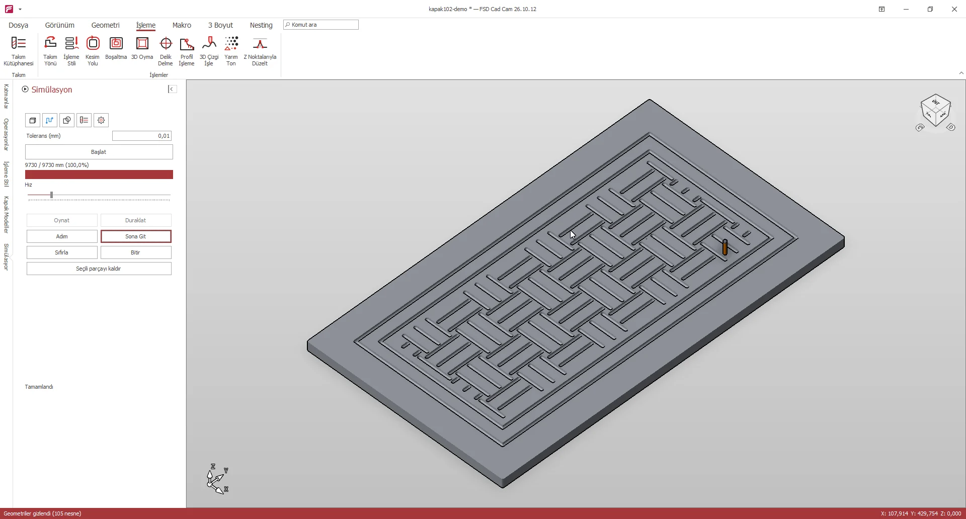 FSD Cad Cam — hasır desenli kapak modelinin üretim simülasyonu