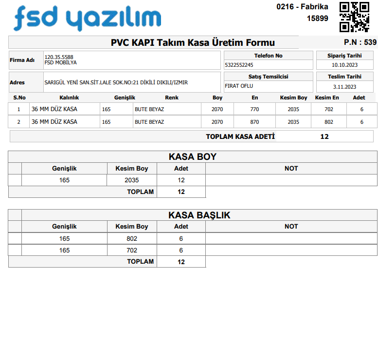FSD Kapı Sipariş — PVC kapı takım kasa üretim formu