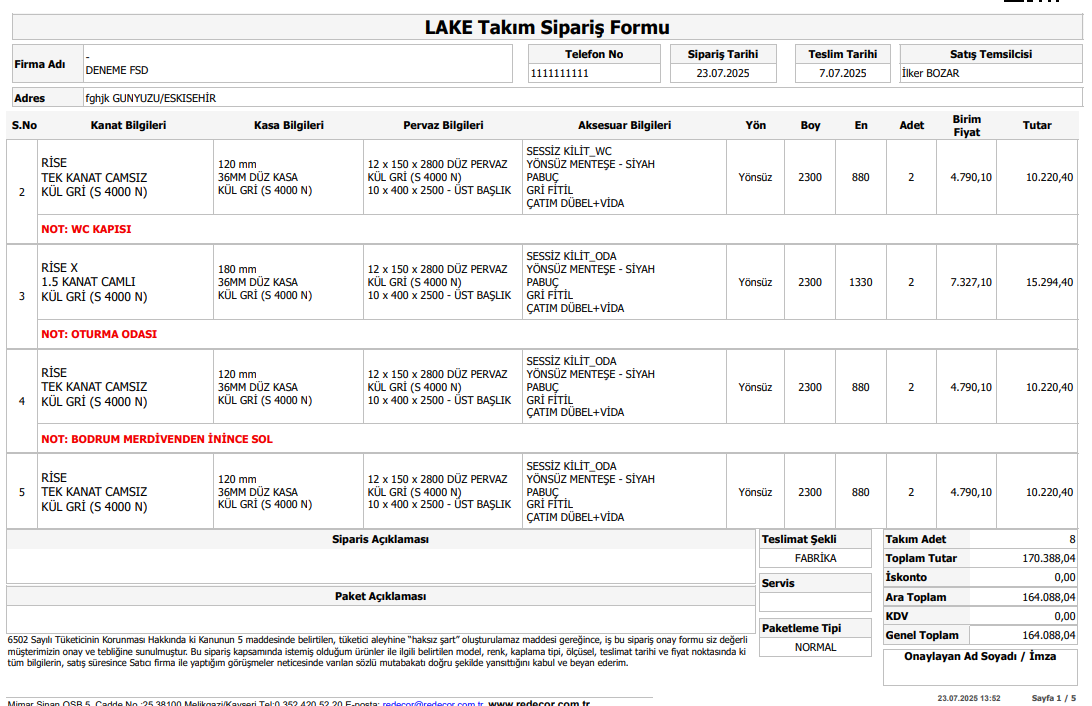 FSD Kapı Sipariş — LAKE takım sipariş formu