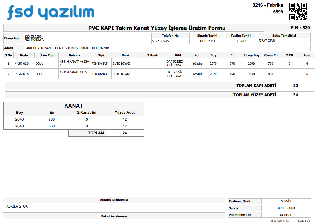 FSD Kapı Sipariş — PVC kapı kanat yüzey işleme üretim formu