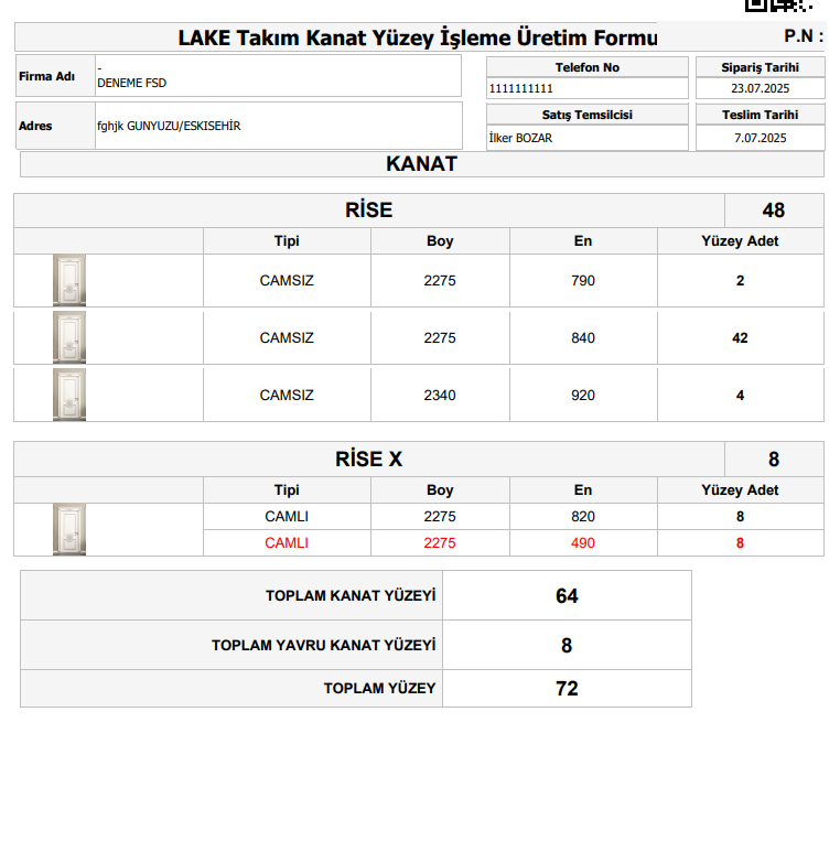 FSD Kapı Sipariş — LAKE takım kanat yüzey işleme formu