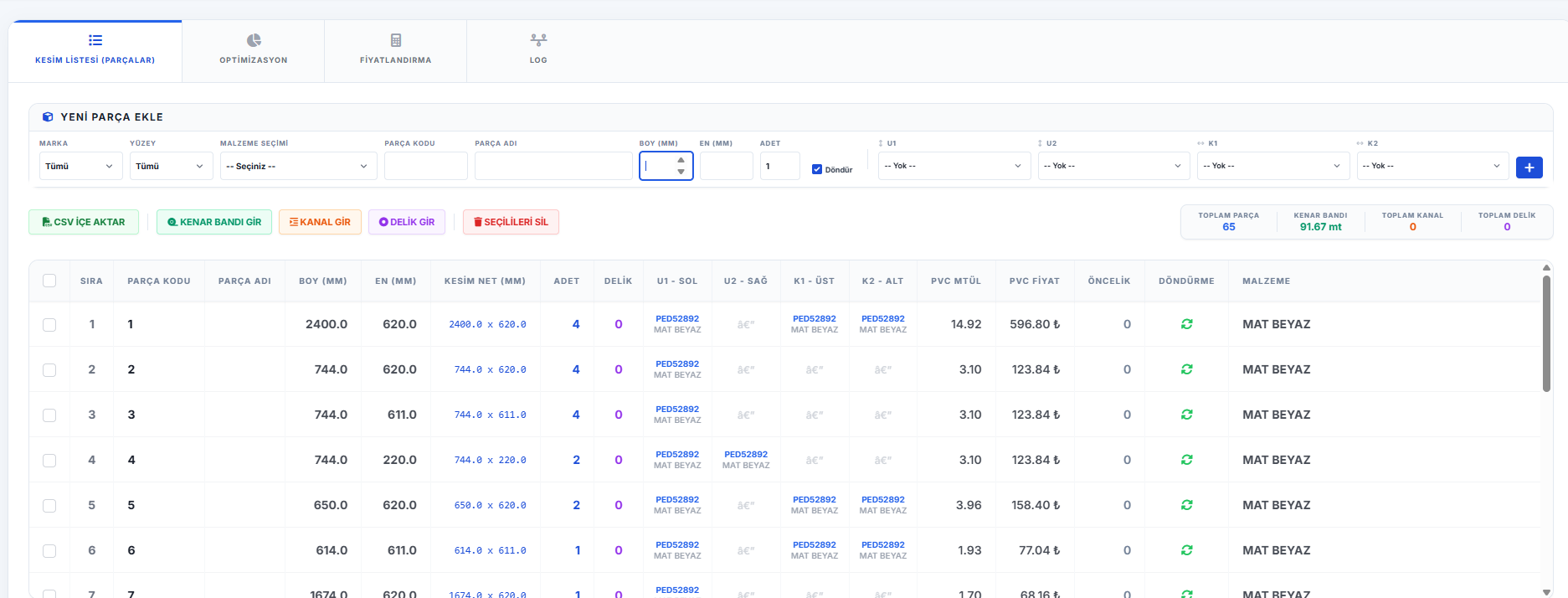 Online Optimizasyon — kesim listesi (parçalar)
