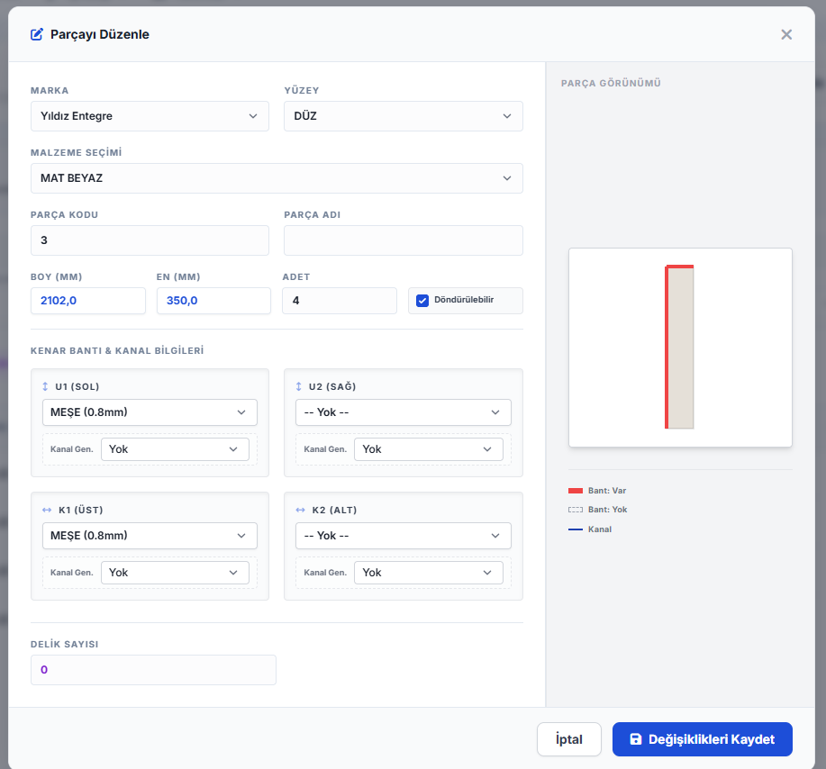 Online Optimizasyon — parça düzenleme ve kenar bandı