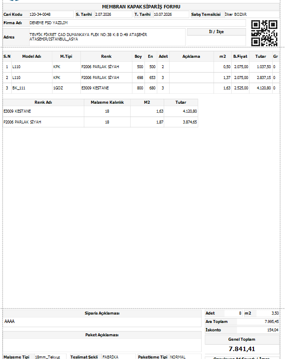 FSD Order — membran kapak sipariş formu (QR kodlu)