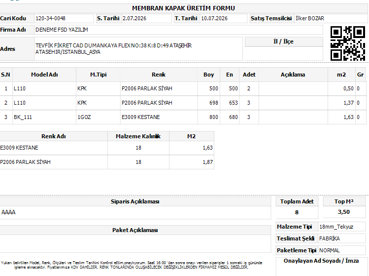 FSD Order — membran kapak üretim formu